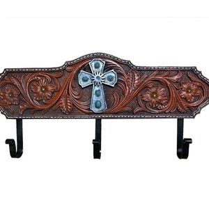 Faux Tooled Leather Flower & Cross Hooks - Wall